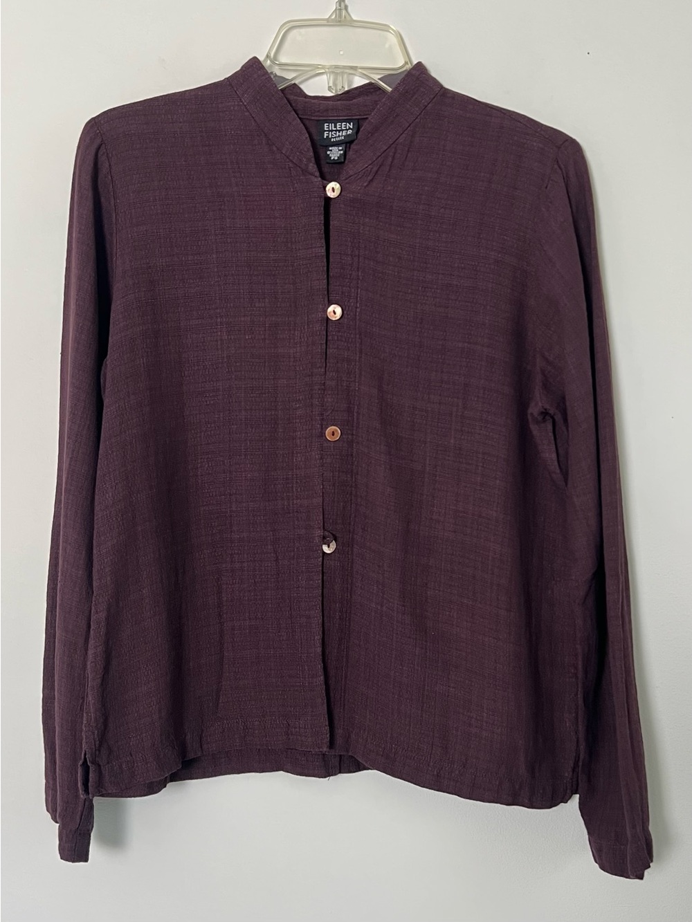 Eileen Fisher System Purple Viscose Linen Mandarin Collar Button Front Shirt